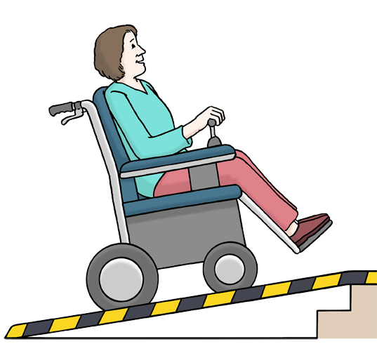 Eine Person sitzt im Rollstuhl und fährt eine Rampe hoch.
