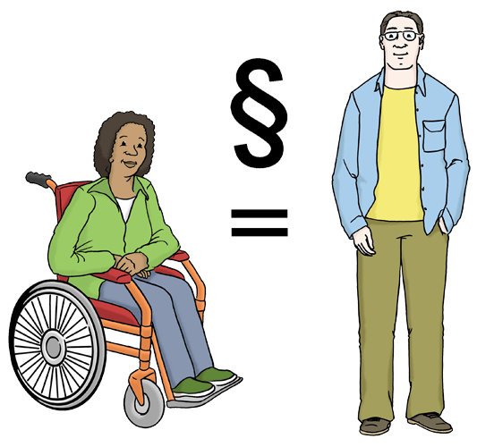 Eine Frau sitzt im Rollstuhl. Ein Mann steht rechts neben ihr. Zwischen der Frau und dem Mann ist ein Ist-Gleich-Zeichen. Darüber ist das Paragraphen-Zeichen.