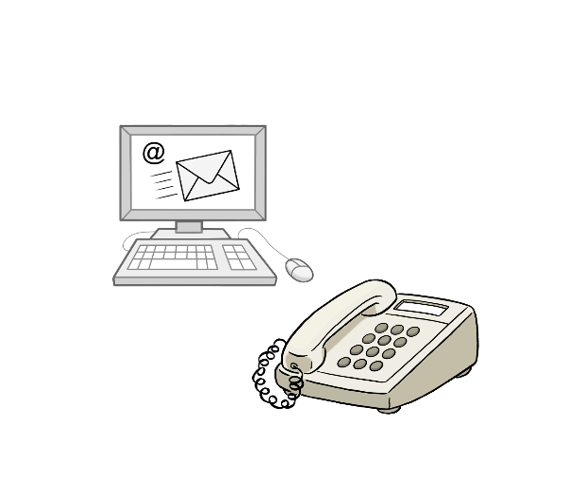 Ein Computer mit Tastatur und Maus. Auf dem Bildschirm ist ein email-Zeichen und ein Brief. Und ein Telefon.