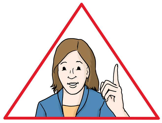 Ein rotes Dreieck mit einer Frau. Sie hebt den Zeigefinger.