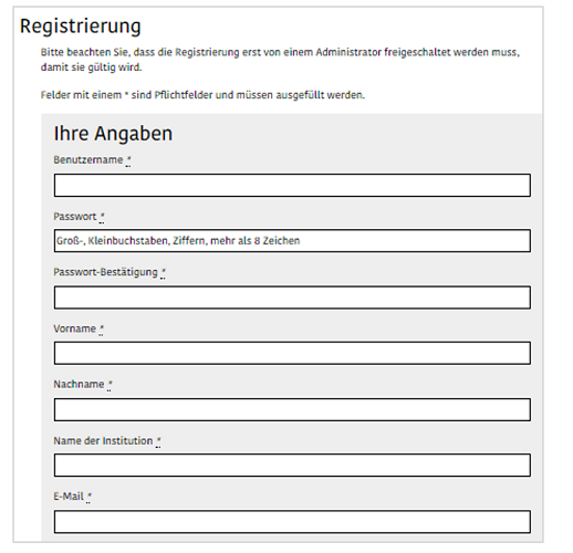 Das ist ein Bild von der Internetseite vom BFIT-Bund zum Thema Registrierung. Es gibt Felder, in denen Sie etwas schreiben müssen.