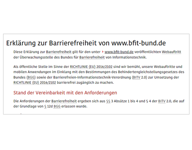 Das ist ein Bild von der Internetseite vom BFIT-Bund zum Thema Erklärung zur Barrierefreiheit.