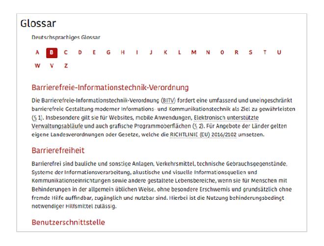 Das ist ein Bild von der Internetseite vom BFIT-Bund zum Thema Glossar. Sie sehen das Alphabet. Darunter stehen Wörter zum Buchstaben B.