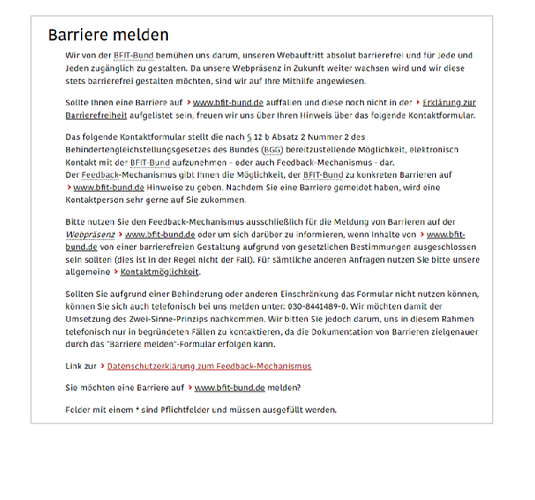 Das ist ein Bild von der Internetseite vom BFIT-Bund zum Thema Barriere melden.