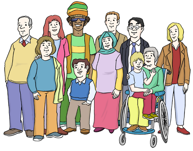 Eine Gruppe von verschiedenen Menschen. Es sind zum Beispiel eine Dame im Rollstuhl, ein älterer Mensch oder ein Mensch mit einer anderen Hautfarbe.