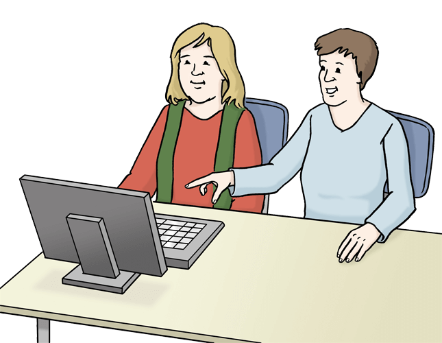 Zwei Frauen sitzen am Computer. Eine Frau erklärt der anderen Frau etwas am Computer.