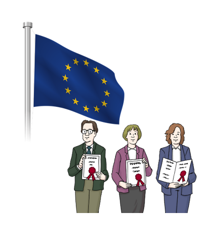 Die Flagge von Europa. Und 2 Frauen und 1 Mann mit Urkunden in der Hand.