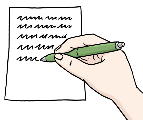 Eine Hand mit einem Stift schreibt etwas auf einen Zettel. Der Text ist nicht zu lesen.
